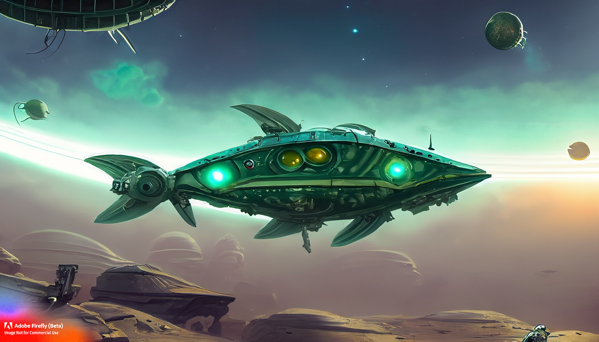 Firefly green+metal fish shaped spaceship on an alien planet art concept art dramatic light flat colors 77148