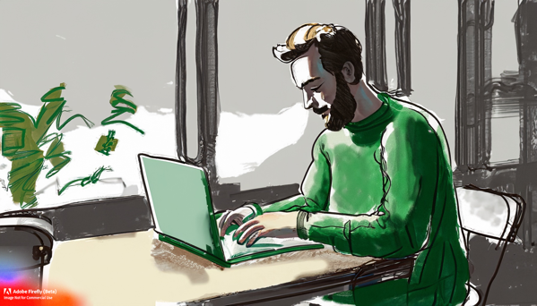 Firefly loose+sketch of a white male with a green sweater and a stubble beard typing on a laptop in a coffee shop art 39460