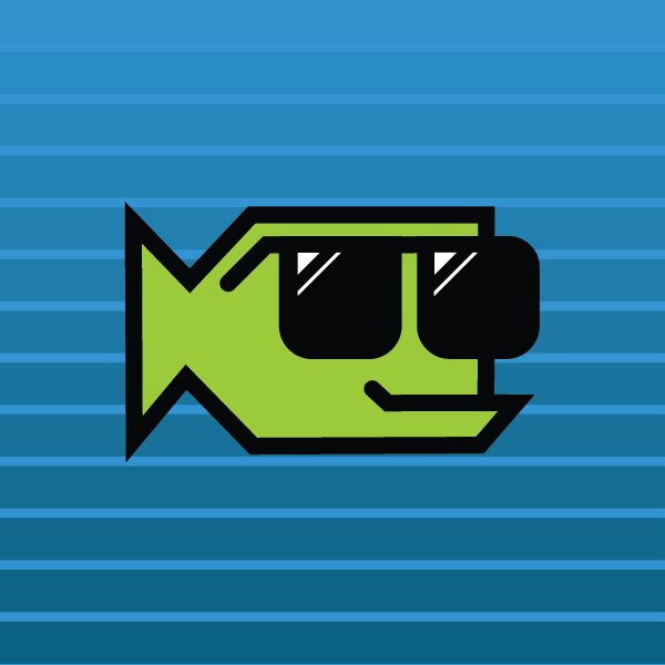 A green fish wearing sunglasses is depicted on a blue striped background.